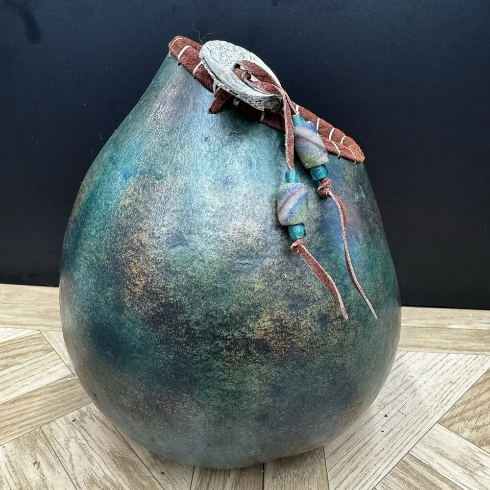 John Gibson Signed Artisan Gourd Vessel Hand Painted Studio Pottery Folk Art